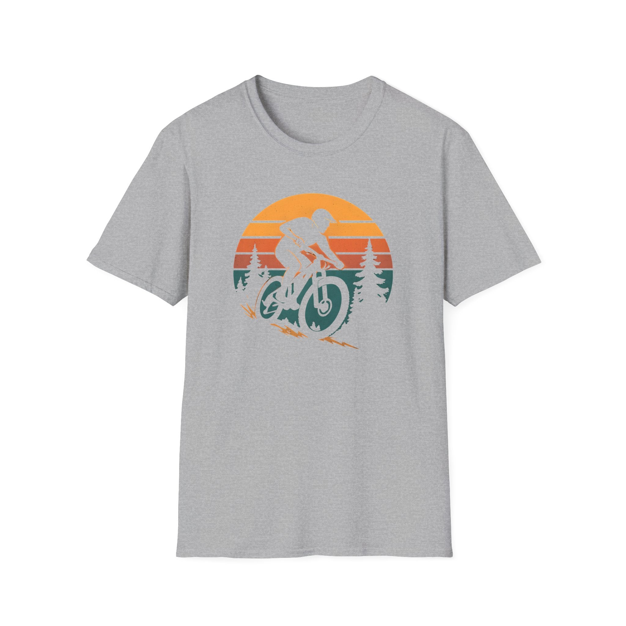 Gray t-shirt with a graphic of a person on a bike and sunset design on a white background
