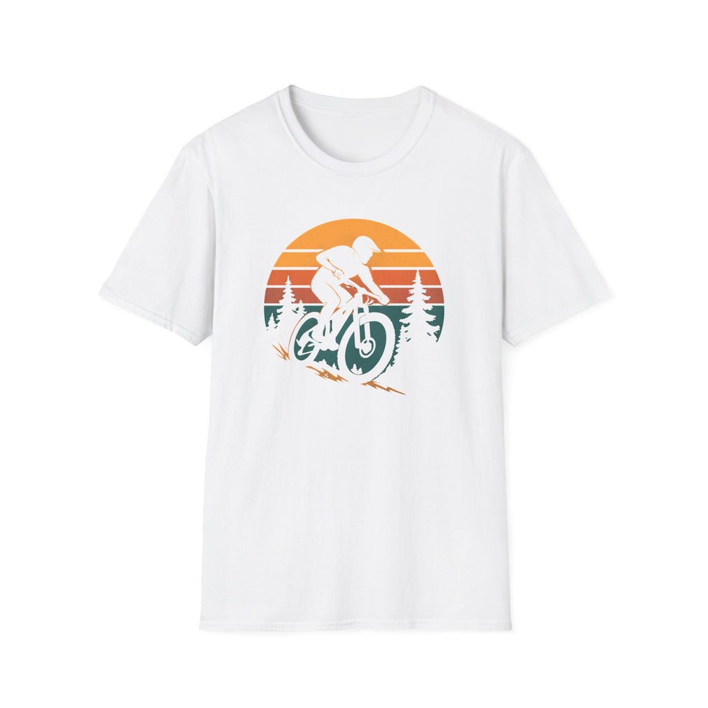 White t-shirt with a graphic of a mountain biker and sunset design on a white background